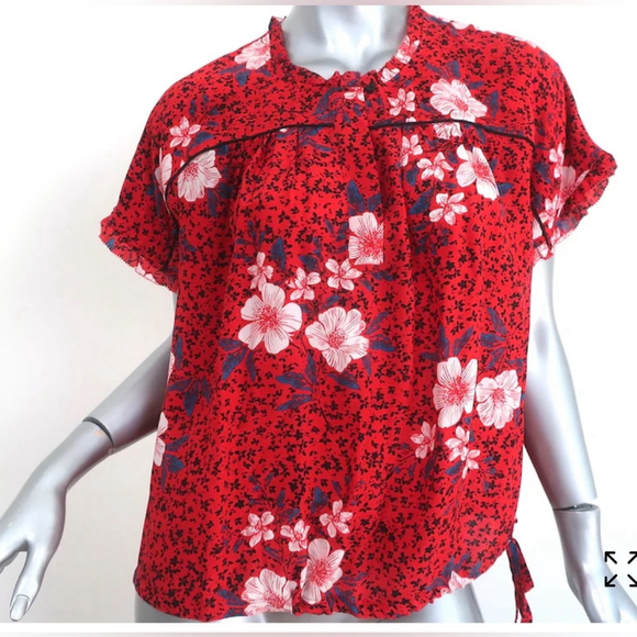 ZADIG & VOLTAIRE BLOUSE TERSON RED FLORAL PRINT SILK SIZE LARGE SHORT SLEEVE - Picture 5 of 11